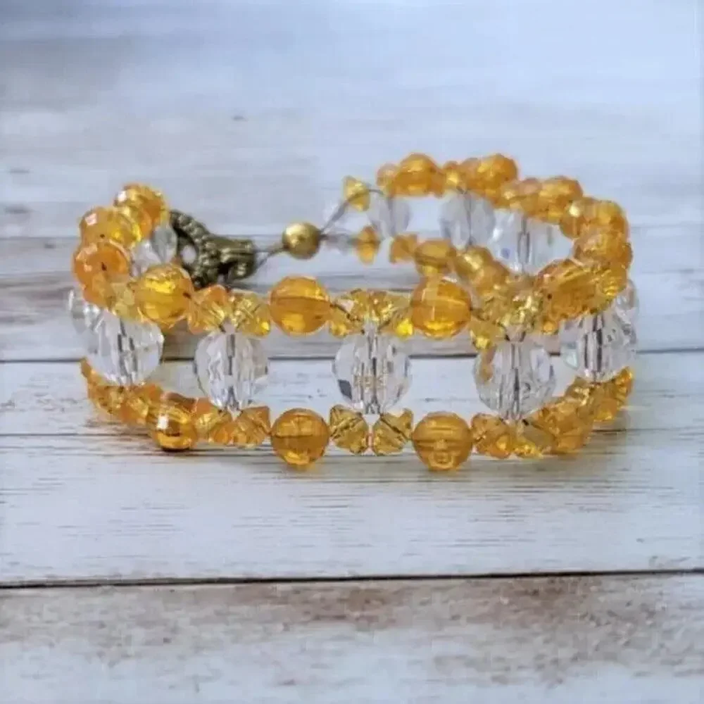 Vintage Bracelet - Long Bracelet Amber Tone Beads - 9